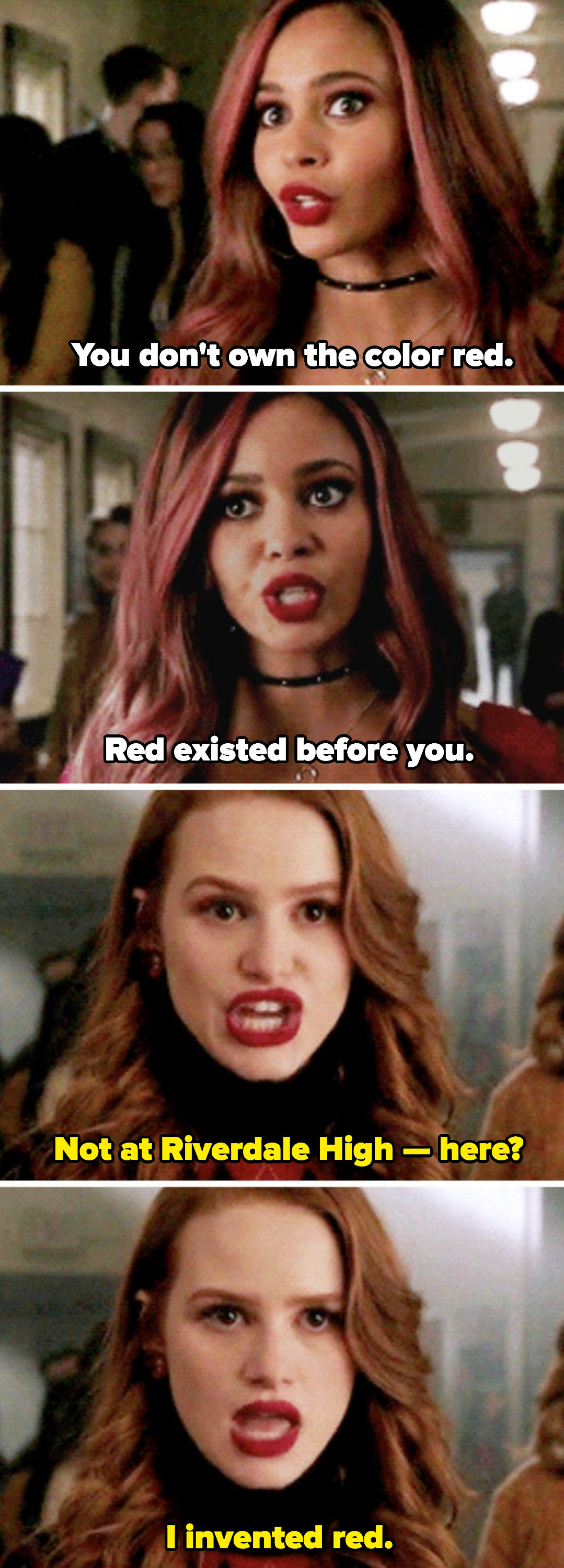 Toni and Cheryl arguing in the school hallway about who invented the color red