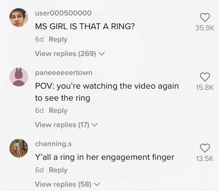 Comments asking about the ring on her engagement finger