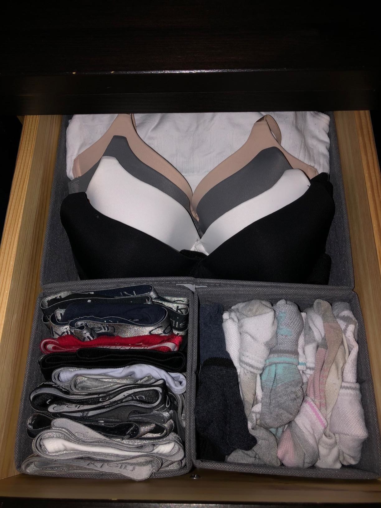 reviewer image of a drawer with underwear, socks, and bras neatly organized in the sorters