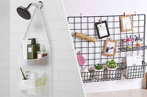a 2-shelf shower caddy hung around a shower head with bath products in it, a black steel grid with photos and stationery attached to it