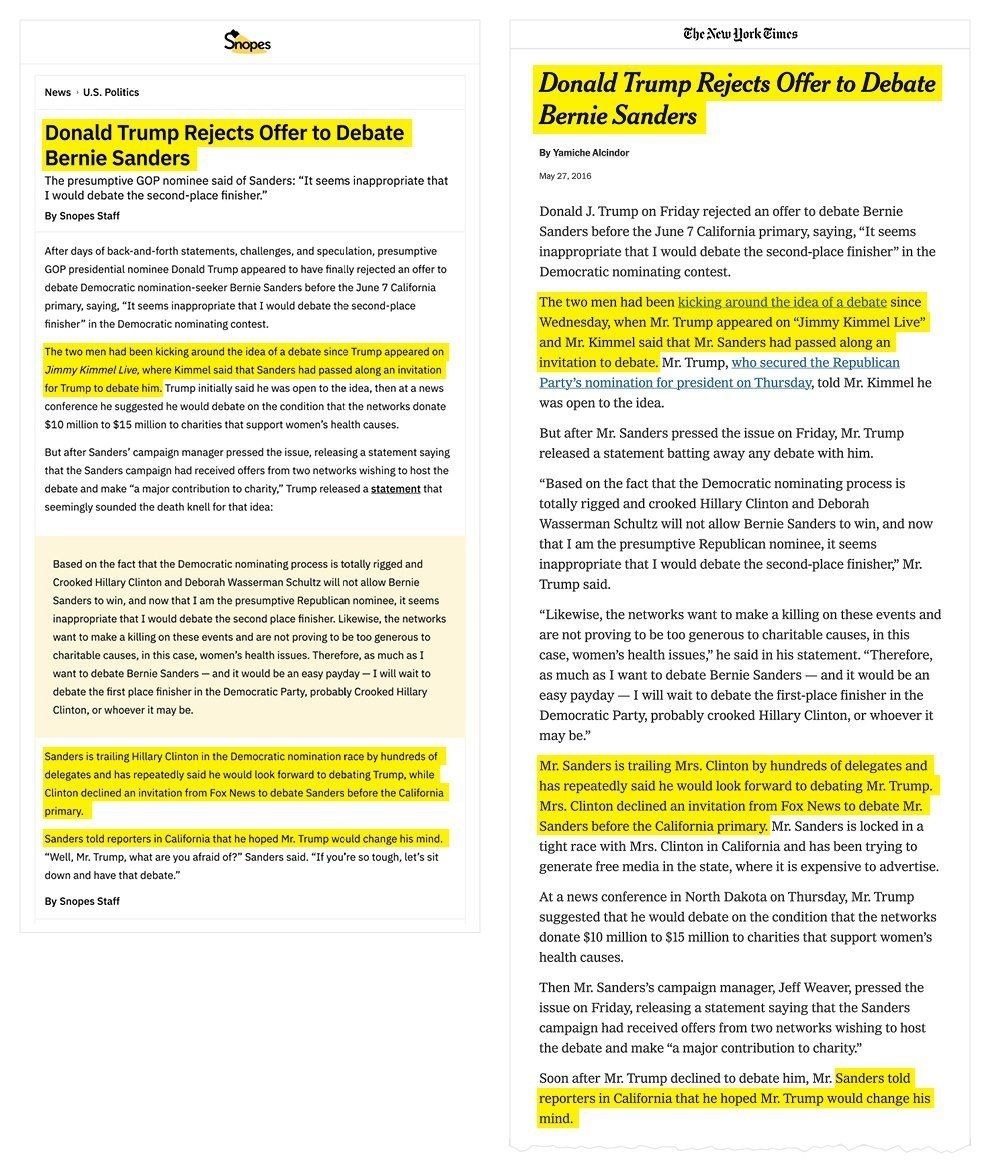 A side-by-side comparison of a Snopes story and one from The New York Times.