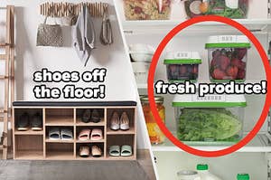 shoe rack bench, fresh produce in containers in a fridge 