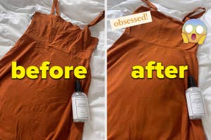 on the left a wrinkled dress labeled "before," on the right the dress with barely any wrinkles labeled "after"