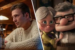 Random wears a knit sweater in the movie "Knives Out" and Carl and Ellie take a picture together in "Up"