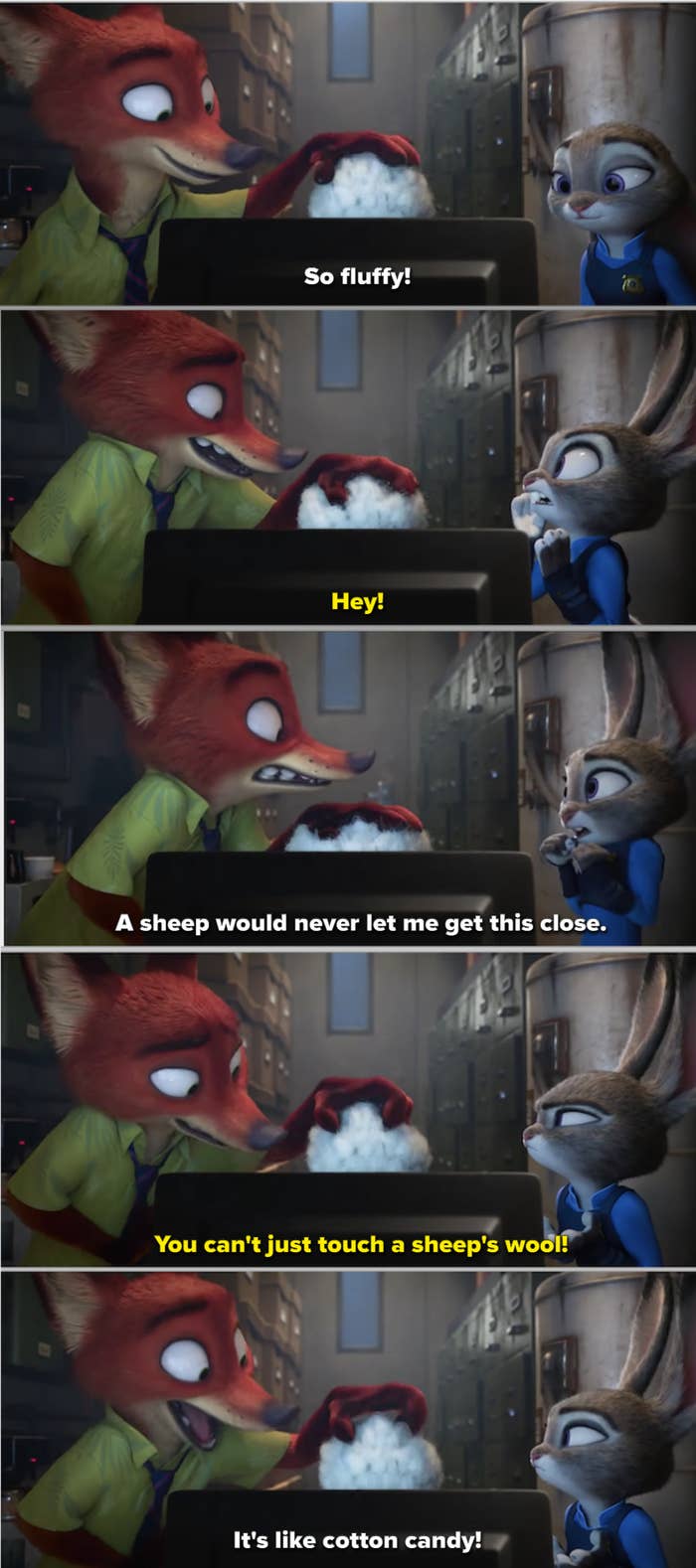 Nick (a fox) sneakily playing with the assistant mayor's (a sheep) hair