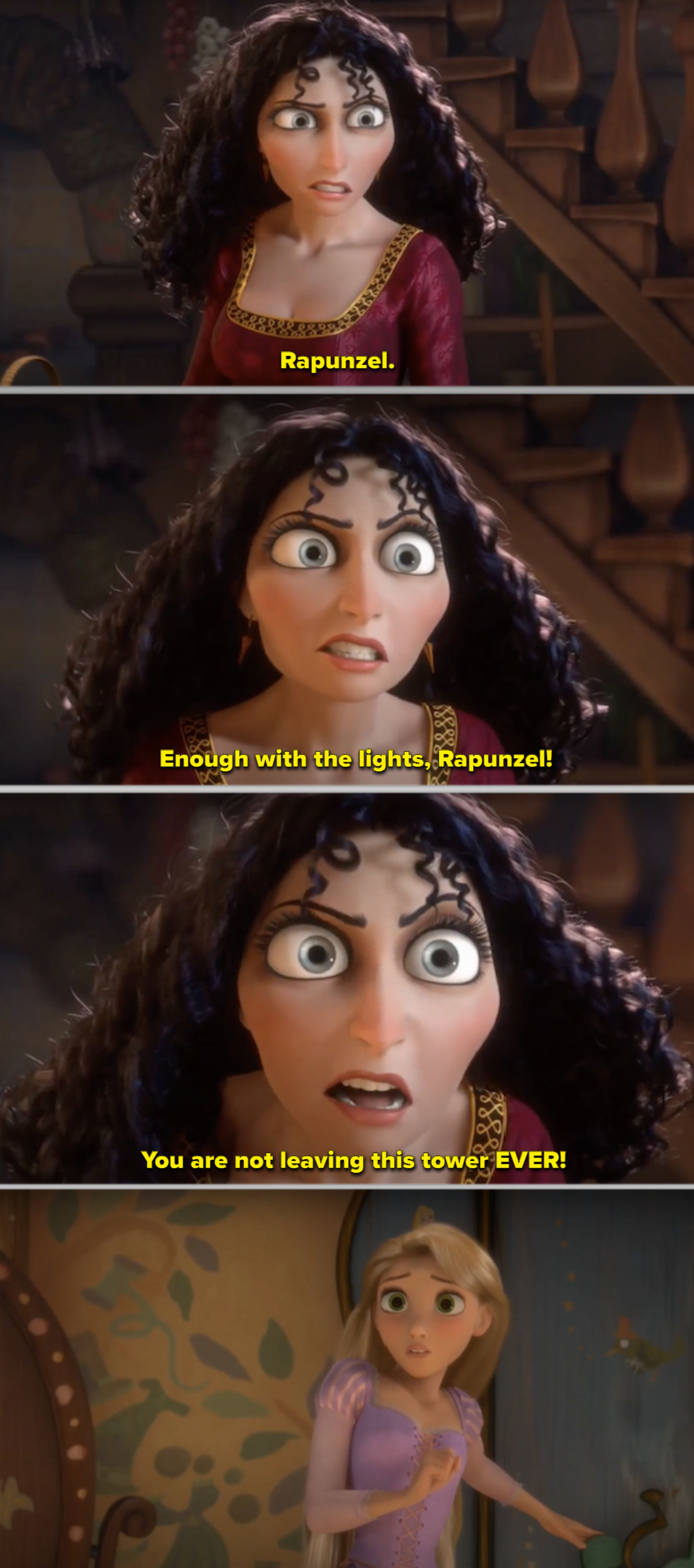 Mother Gothel yelling at Rapunzel in the tower