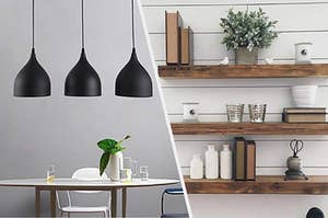 3 black metal pendant lights over a dining table, 3 wooden floating wall shelves 