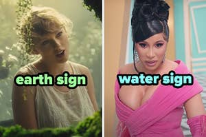 On the left, Taylor Swift in the Cardigan music video labeled earth sign, and on the right, Cardi B in the WAP music video labeled water sign