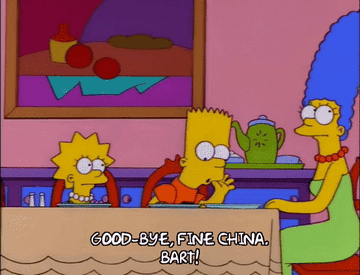 Bart from the Simpsons throwing a plate and saying goodbye fine china