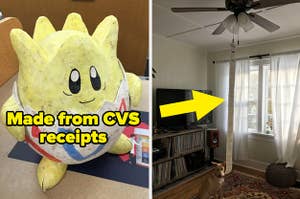 A pokemon made from CVS receipts and a receipt used as a fan string