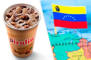 A chocolate wafer cookie McFlurry and the map and flag of Venezuela