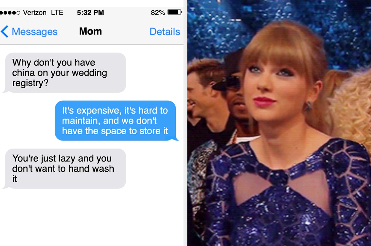 A text message conversation about how fine china is expensive and hard to maintain along with a photo of Taylor Swift shrugging