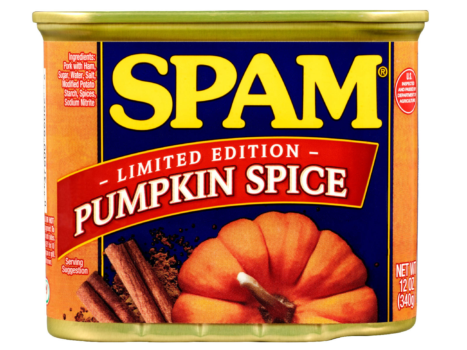 Orange and blue Spam can