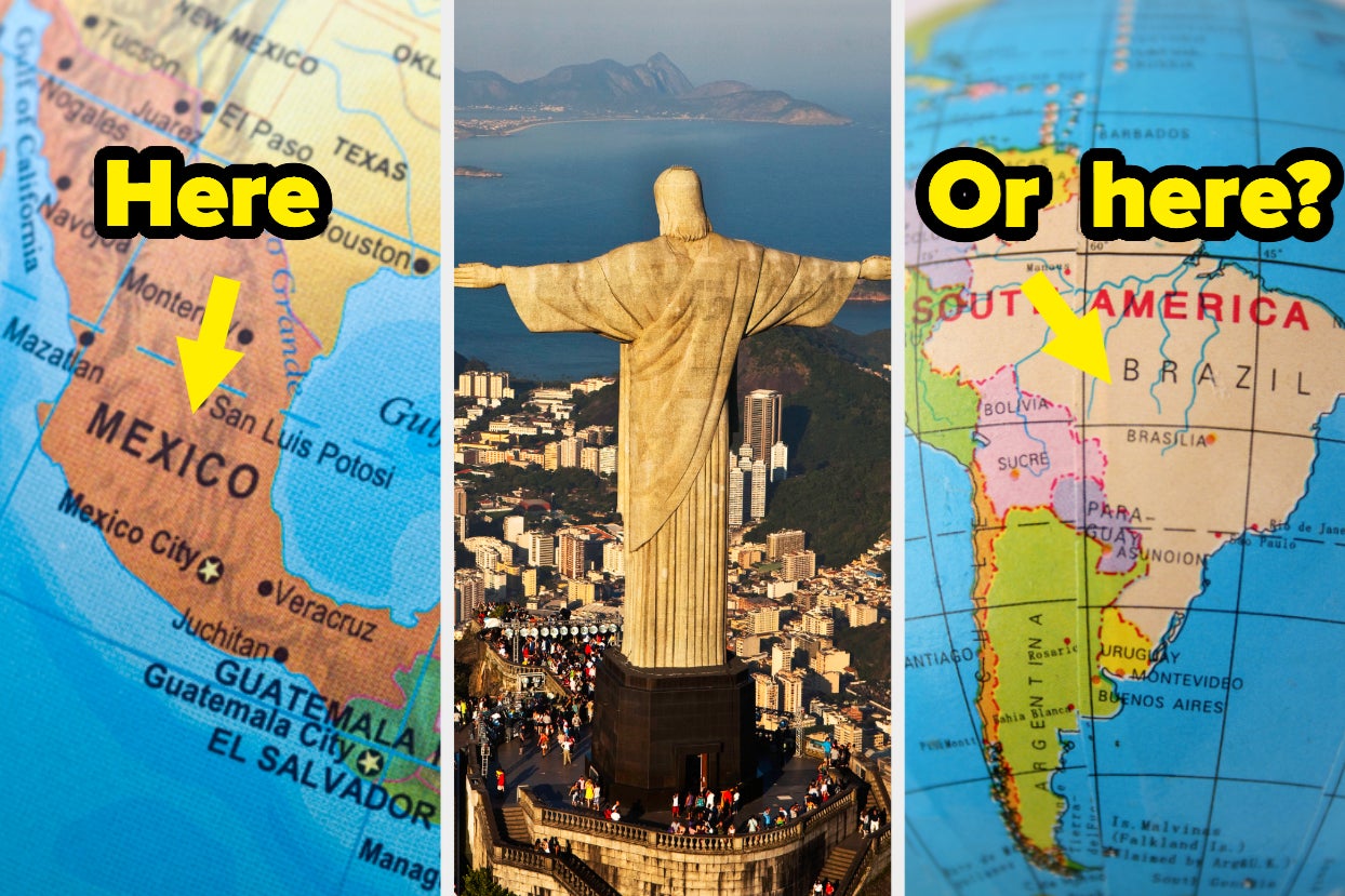 The Christ the redeemer statue with maps of Brazil and Mexico next to it