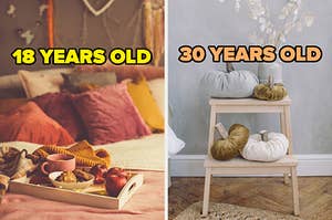 On the left, a bed with tons of throw pillows and a throw blanket on it as well as a tray with apples, cookies, and a cup if tea on top labeled "18 years old," and on the right, a desk with silk pumpkins on it labeled "30 years old"