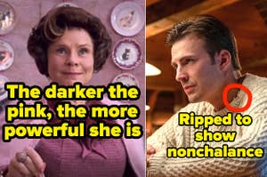 In Harry Potter and the Order of the Phoenix, the more powerful Umbridge is, the darker shade of pink her clothes are and in Knives Out, Ransom wears a ripped sweater to show his nonchalance