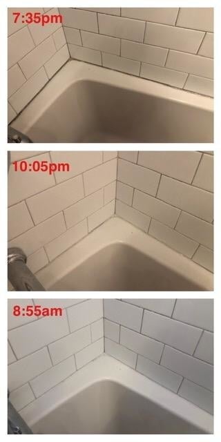 reviewer's bath tile dirty and dark and 7:35 pm, then with the stains fading at 10:05 pm, then bright and clean at 8:55 am