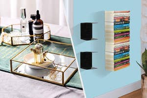 gold mirror bottom accessory tray, floating invisible shelves with books mounted on a wall