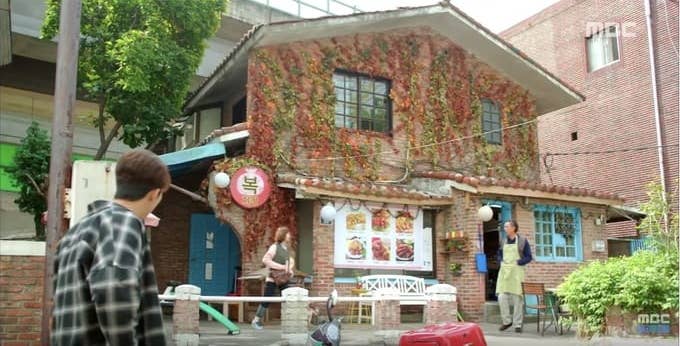 Characters in front of a restaurant