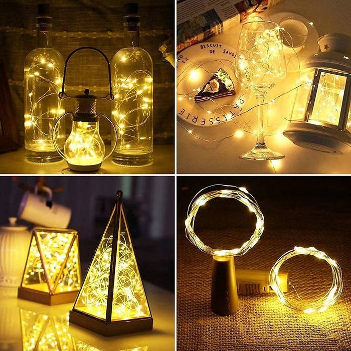 4 images showing different ways the battery operated cork LED string lights can be decorated while lit up. They are kept in lanterns and glass holders.