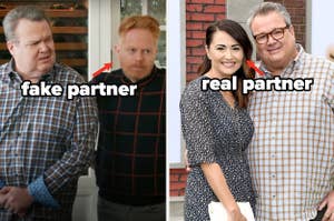 On the left, Cam is standing next to Mitch in Modern Family. On the right, Eric Stonestreet is standing next to his fiance