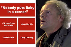 A quiz question, "Nobody puts Baby in a corner," and Doc Brown looking shocked