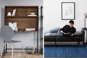A wooden desk that folds away and a futon
