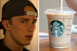 Rafe is on the left looking at a cup of Frap on the right
