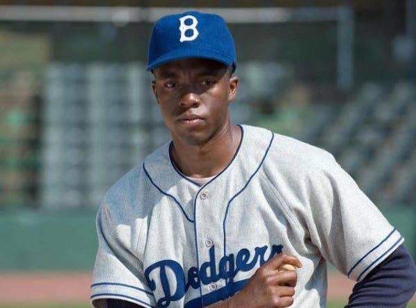 Chadwick Boseman as Jackie Johnson in &quot;42&quot;
