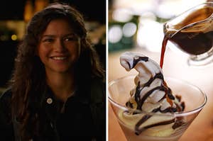 Zendaya is on the left smiling wide with sauce being poured into a cup of ice cream