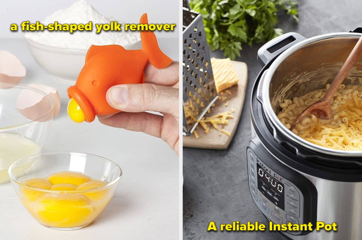 to the left: an orange fish that removed egg yolks, to the right: an instant pot filled with mac and cheese
