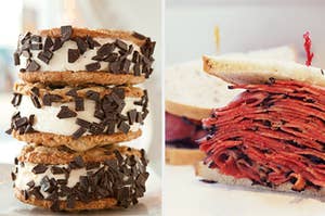 A stack of ice cream sandwiches are on the left with a pastrami sandwich on the right