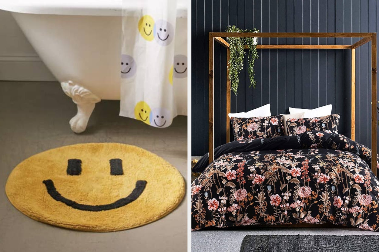 to the left: a smiley face bath mat, to the right: a floral duvet cover