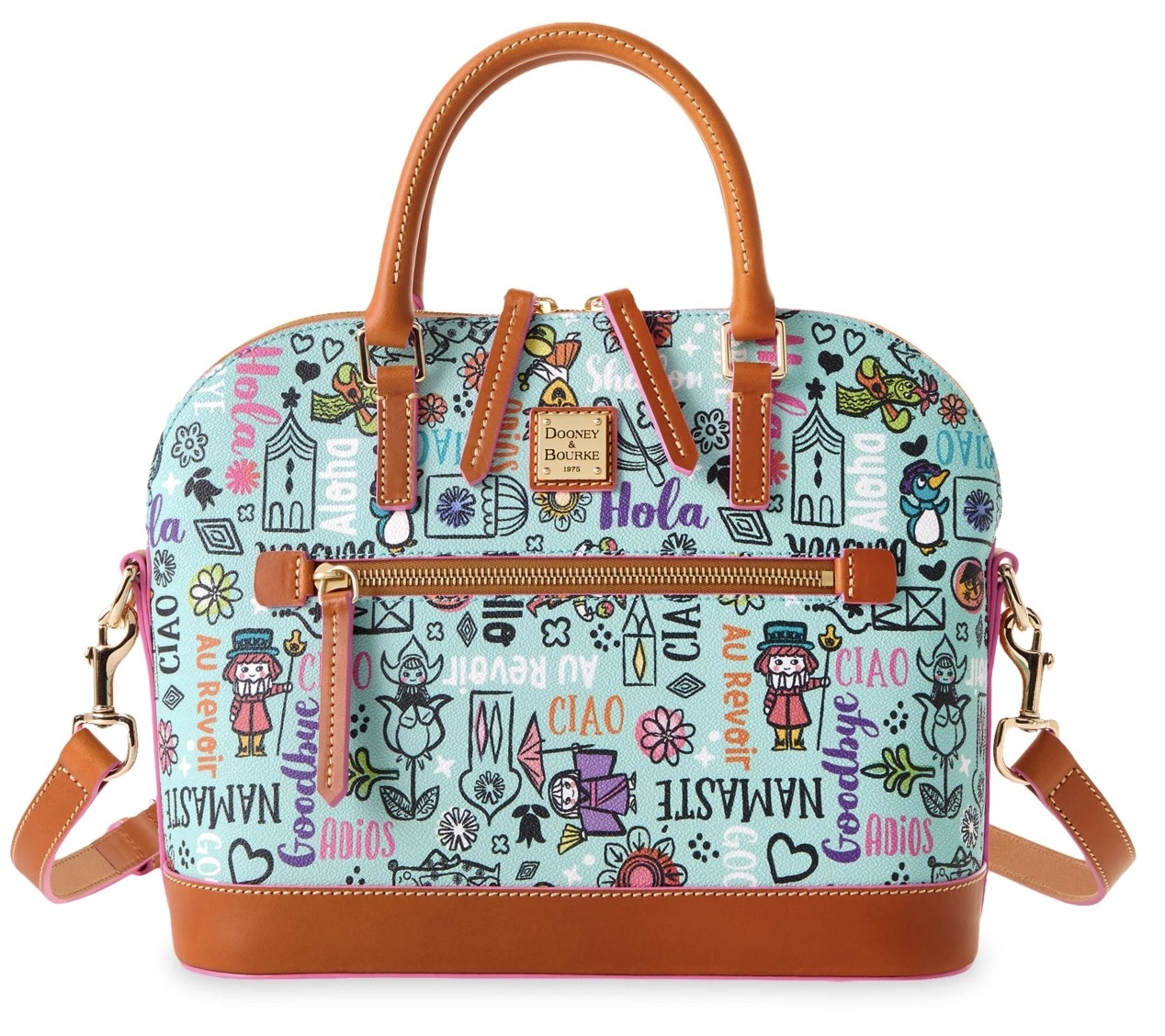 Dooney &amp;amp; Burke leather finished satchel bag with illustrations of Small World dolls and phrases