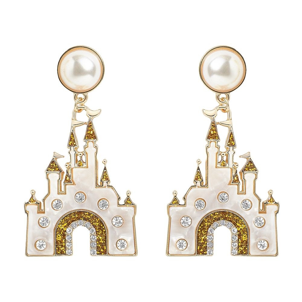 Fantasyland castle dangle earrings with gold glitter turrets and pearlescent facade