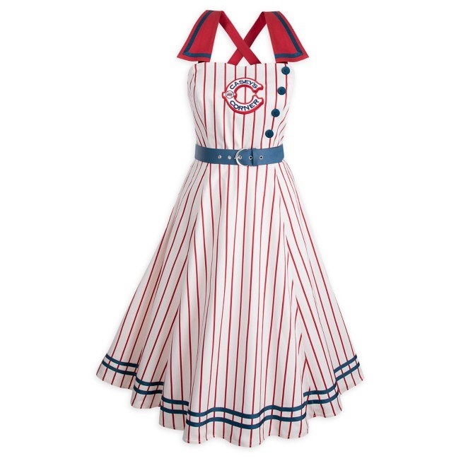 Red striped swing dress with Casey&#x27;s Corner logo embroidered in the middle and a blue belt