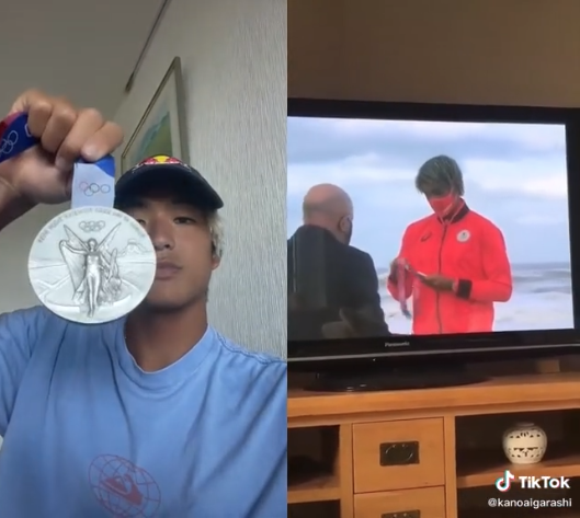 Left: Kanoa holding up his silver medal; Right: Kanoa accepting his silver medal after the surfing final