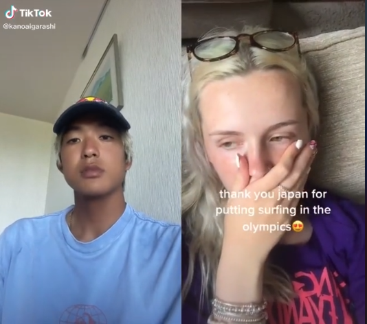 Left: Kanoa watching a video with a blank expression on his face; Right: A girl who has her hand covered over her mouth