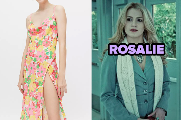 On the left, someone wearing a floral dress with spaghetti straps and a long slit up the thigh, and on the right, Rosalie from