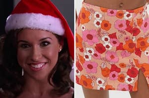 Gretchen Weiners is wearing a Santa hat on the right with a floral skirt on the right