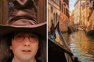 Harry Potter is under the sorting hat on the left with a Venice canal on the right