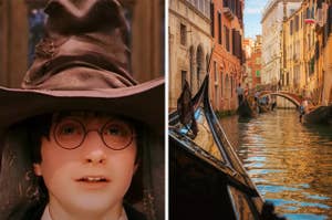Harry Potter is under the sorting hat on the left with a Venice canal on the right