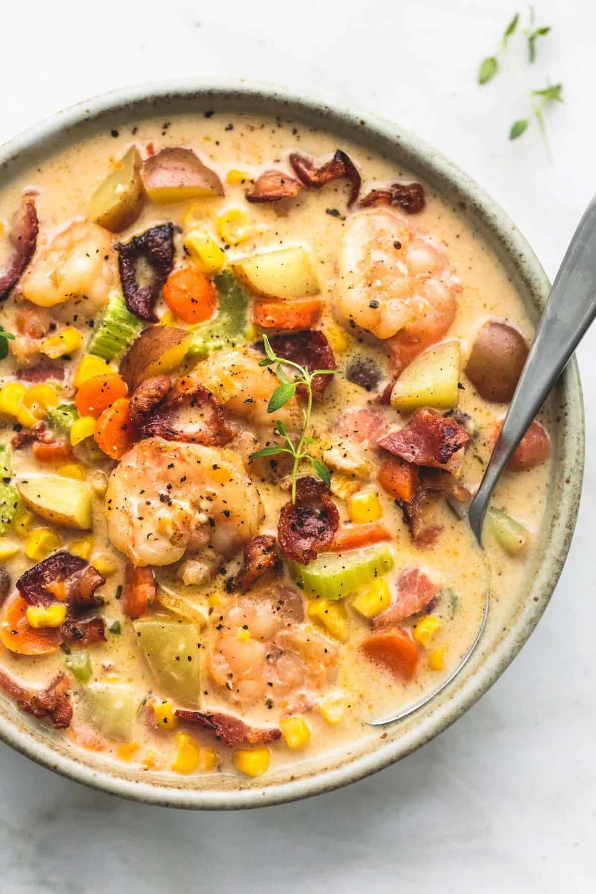 Chowder with corn, shrimp, and bacon.