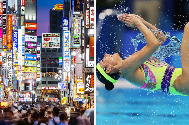 busy Tokyo street alongside artistic swimming