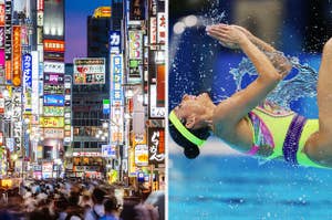 busy Tokyo street alongside artistic swimming