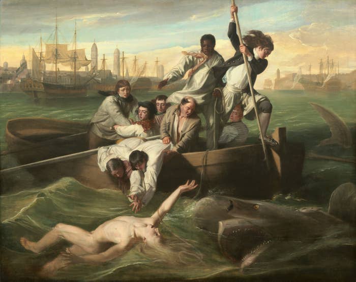 Painting of a man falling overboard into the water.