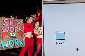 a side-by-side image of a march for sex workers rights and a computer screen with a folder that says 'porn'