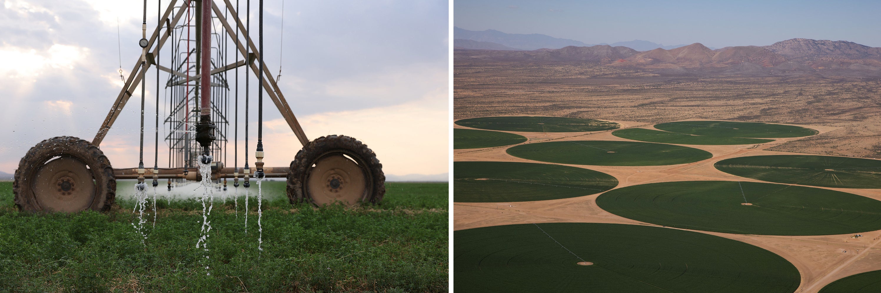 Side-by-side images show an irrigation machine standing in a lush field of vegetation, and an overhead view of crops