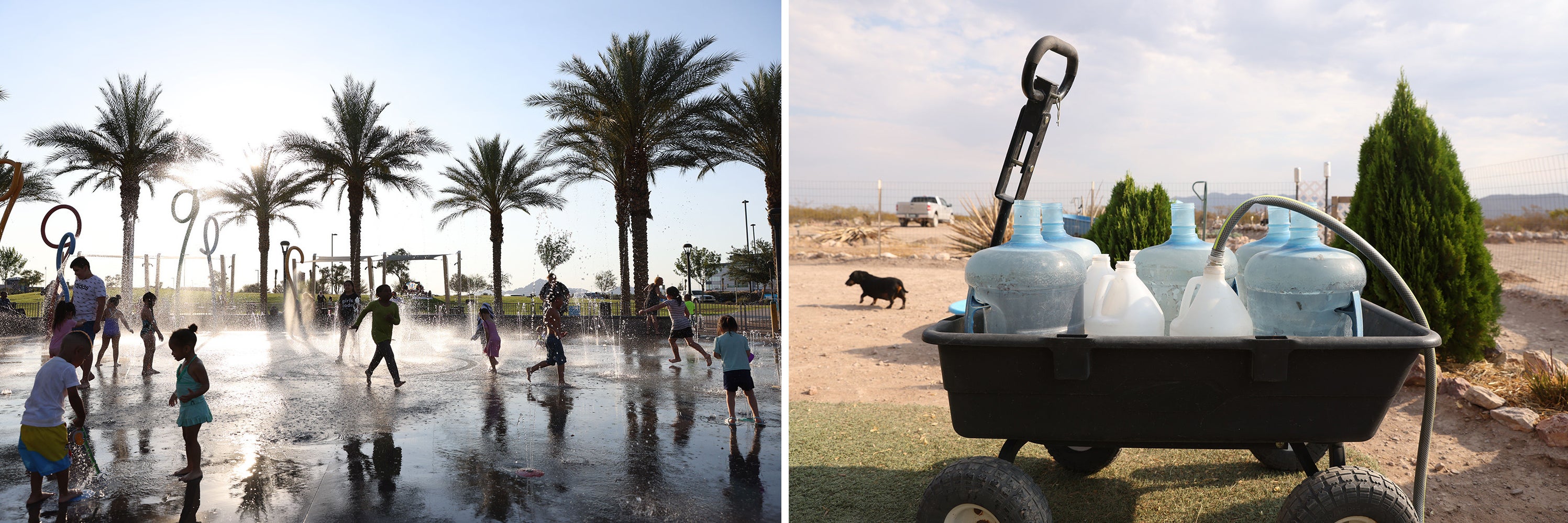 Side-by-side images show kids playing in a water park and water jugs sitting in a wagon 