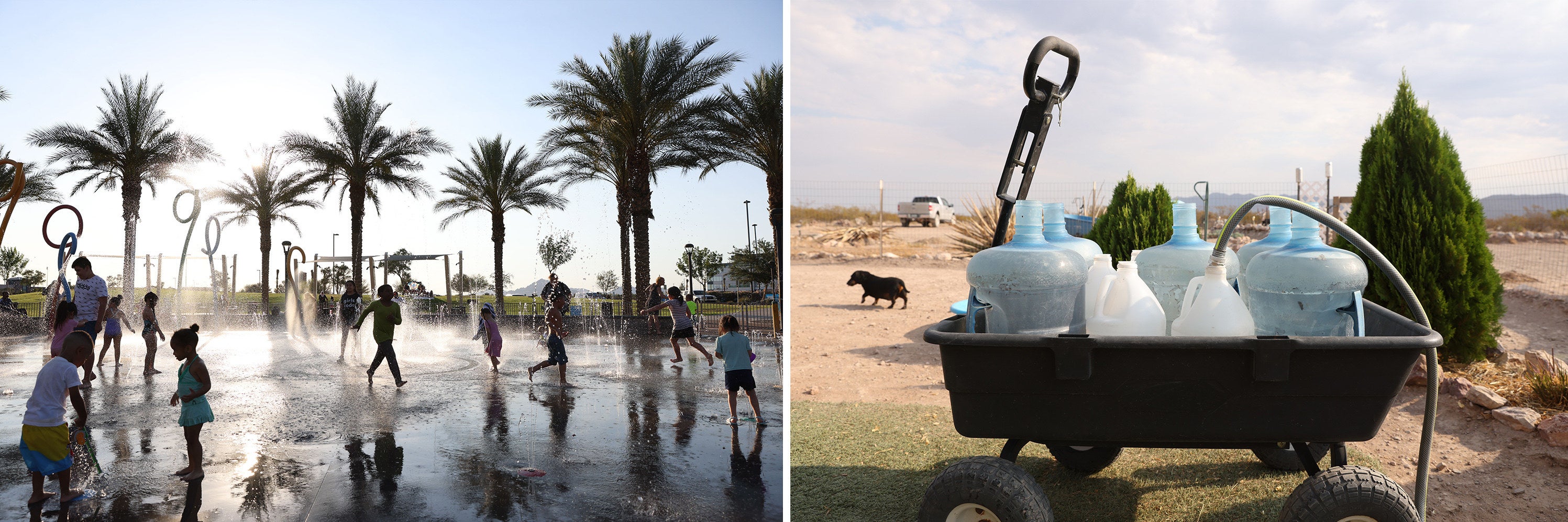 Side-by-side images show kids playing in a water park and water jugs sitting in a wagon 